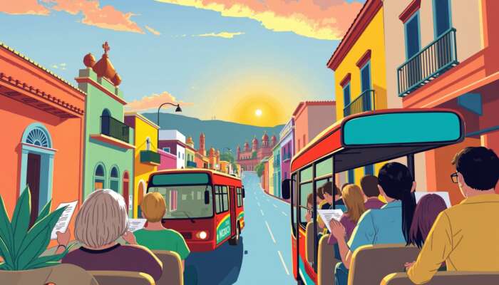 A vibrant bus winds through San Miguel de Allende's colorful streets toward Mexico City, with passengers consulting maps under a golden sunset.