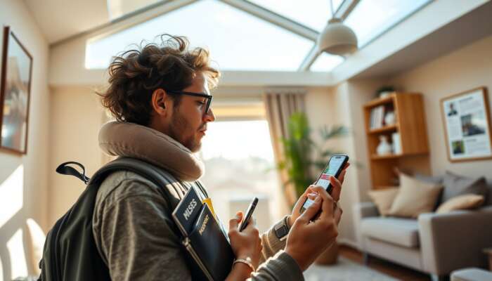 A focused traveler in a sunlit living room packs a backpack with passports, snacks, a neck pillow, and gadgets while checking a smartphone app for bus schedules.