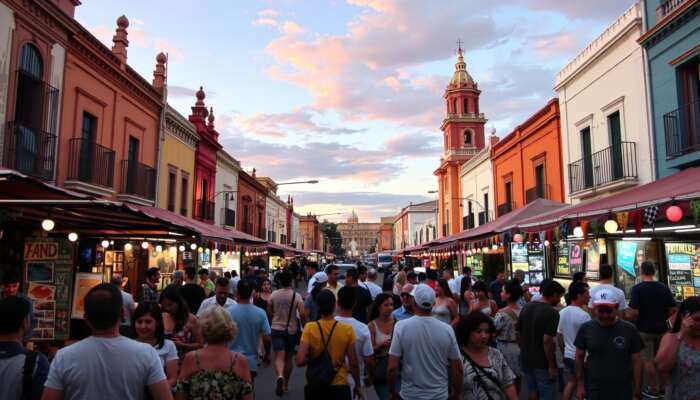 Vibrant San Miguel de Allende festival with colorful art installations, live music, food stalls, and joyful crowds in historic plazas at twilight.