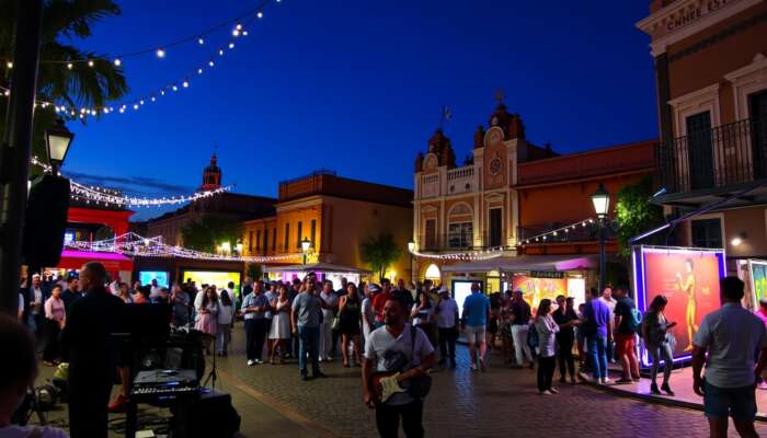 Vibrant Cervantino Festival scene in San Miguel de Allende: jazz musicians under lights, theatrical acts on plazas, art in colonial buildings, and a joyful crowd.