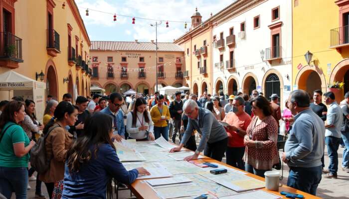 Volunteers, officials, and organizers collaborate around a table with maps and decorations in San Miguel de Allende's vibrant plaza.