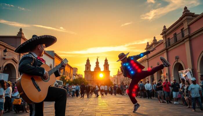 In San Miguel de Allende, a mariachi musician with guitar contrasts a LED-lit breakdancer amid colonial architecture and sunset crowds.