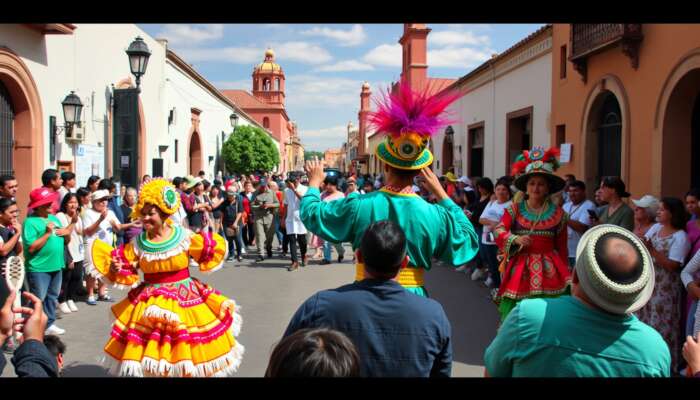 Performers in colorful costumes blend traditional techniques with modern tech in San Miguel de Allende's colonial streets.