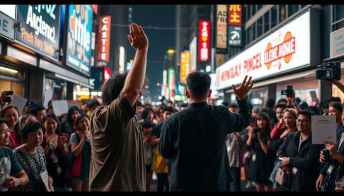 Energetic street performers in 2026 use expressive gestures and storytelling to engage a diverse, excited crowd under vibrant urban lights.