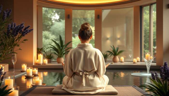 A serene spa scene with soft candlelight, lavender diffusers, water fountains, and a relaxed guest in a robe practicing breathing amid greenery.