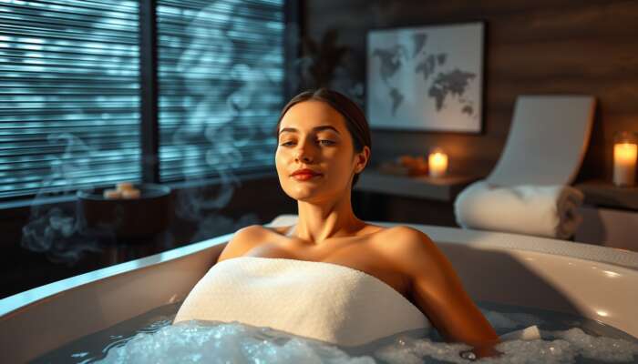 Relaxed woman receiving a gentle massage in a dimly lit spa room with aromatic steam from a hot tub, symbolizing improved circulation and reduced anxiety.