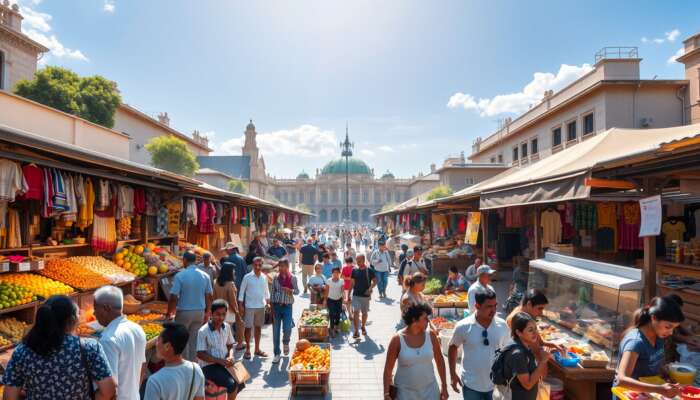 Sunlit outdoor market with diverse crowds interacting at colorful stalls of handmade crafts, fresh produce, and street foods.
