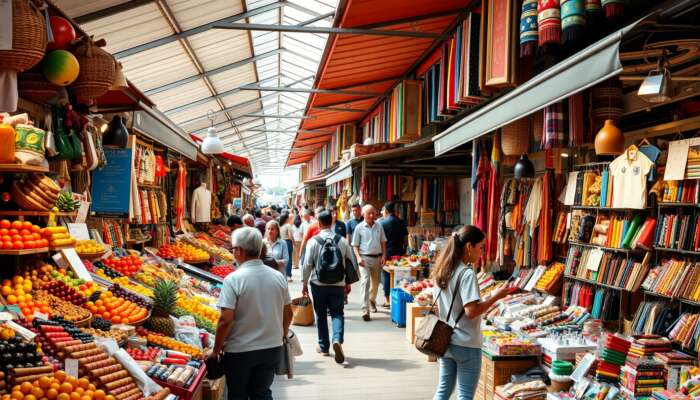 Bustling open-air market with vibrant stalls of exotic fruits, handmade crafts, gadgets, and textiles; shoppers explore and compare options.