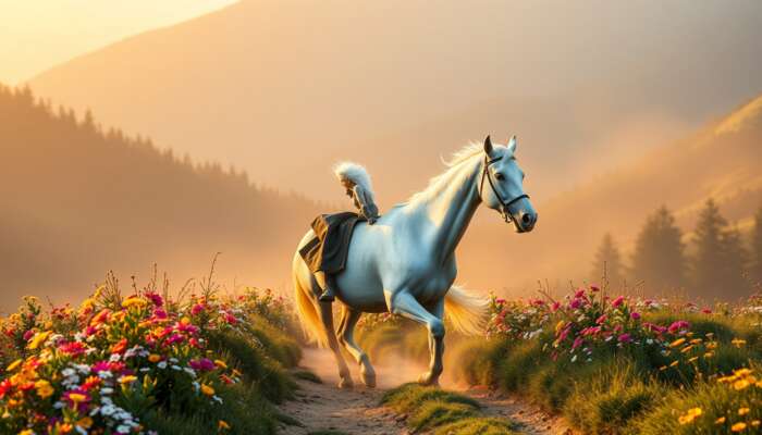 A skilled rider in equestrian attire gallops on a white horse through misty mountains at dawn, with wildflowers and golden sunlight.