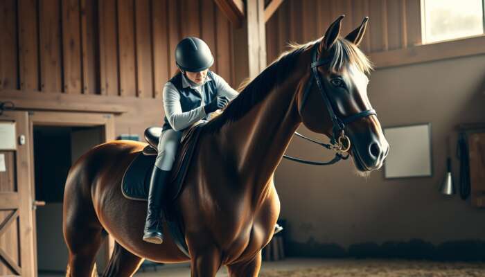 A determined rider adjusts a leather saddle on a muscular bay horse in a sunlit stable, wearing helmet, boots, gloves, and surrounded by grooming tools.