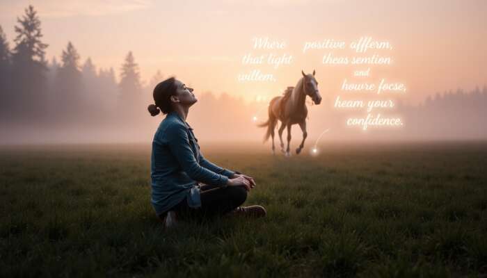 A serene rider meditates cross-legged in a misty dawn meadow, visualizing a successful horse trail ride with glowing affirmations.