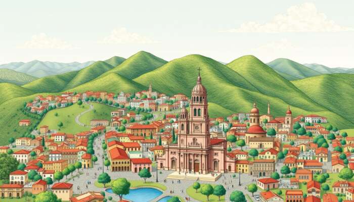 Illustrated map of San Miguel de Allende, featuring the pink Parroquia church, cobblestone streets, Jardin Principal, and colonial architecture in antique style.