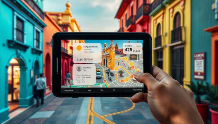 Interactive map of San Miguel de Allende showing user zooming into colorful colonial streets, pop-ups with reviews, real-time updates, and customized routes.