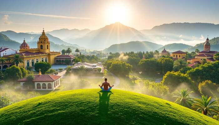 A person meditating in lotus position on a sunlit hill, surrounded by vibrant colonial architecture, lush gardens, and misty mountains.