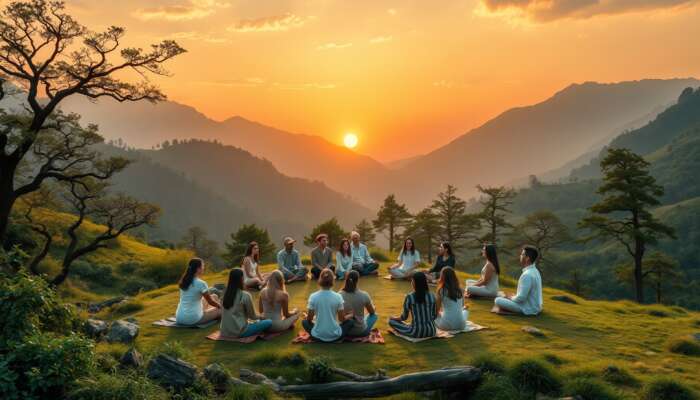 Diverse participants meditating in a circle around a wise instructor in a lush mountain valley, surrounded by ancient trees, streams, and a golden sunset sky.