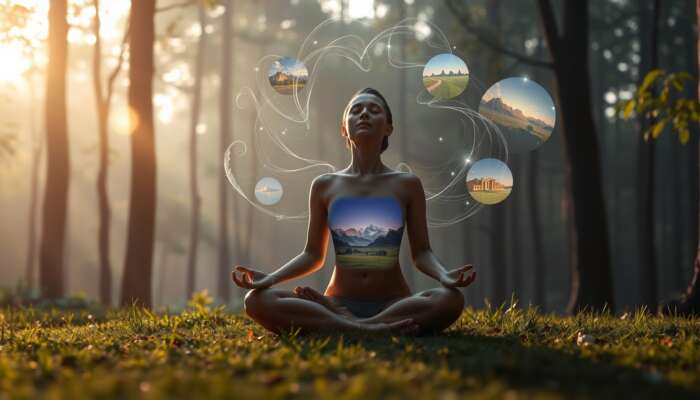A serene meditator sits cross-legged in a tranquil forest at dawn, surrounded by swirling breath visuals, vivid landscape images, and a soft body glow.