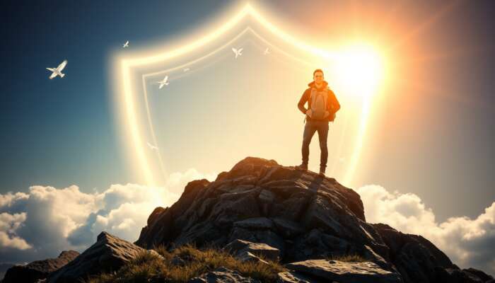 A confident traveler on a sunlit mountain peak, protected by a glowing shield from storm clouds of medical emergencies, lost luggage, and trip cancellations.