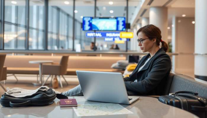 Focused traveler using laptop in modern airport lounge to buy travel insurance, with passport, map, and suitcase nearby.