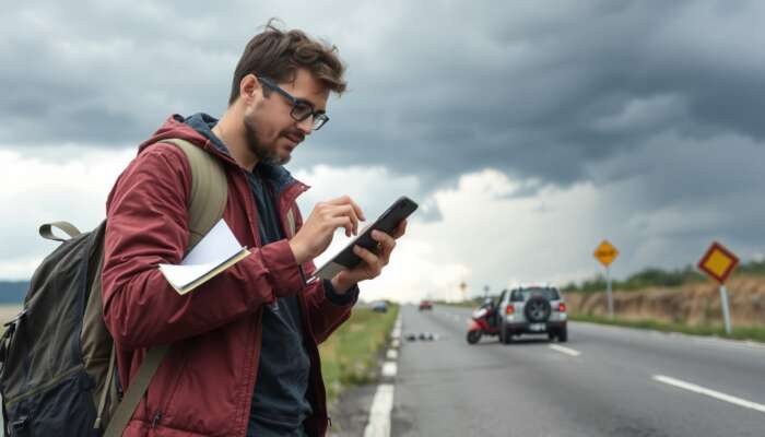 A traveler at a roadside accident scene, snapping photos with a smartphone, jotting notes in a notebook, and calling insurance under a stormy sky.