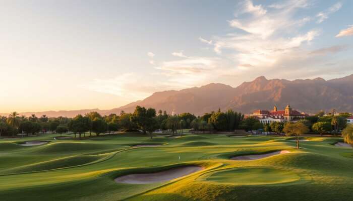 Vibrant golf course in San Miguel de Allende with manicured greens, rolling hills, colonial architecture, mountains, and golfers at sunset.