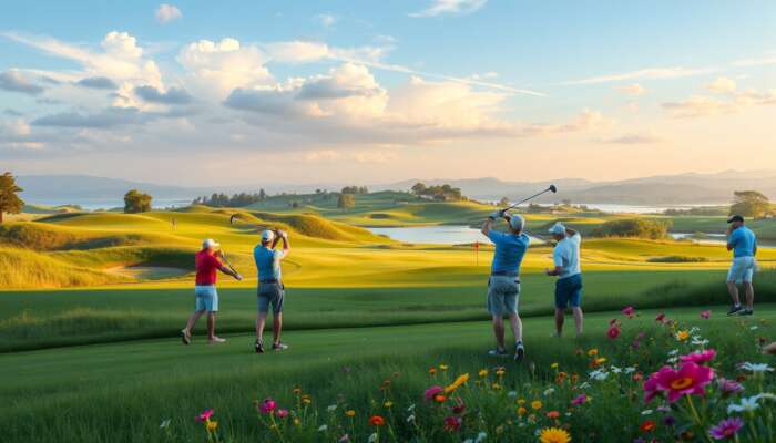 A serene golf course at dawn with dewy greens, vibrant wildflowers, diverse golfers on rolling hills and tranquil lakes.