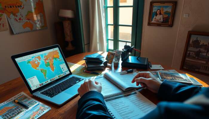 A traveler at a sunlit desk in San Miguel de Allende, surrounded by maps, a laptop with travel apps, a checklist notebook, and postcards, planning excitedly.