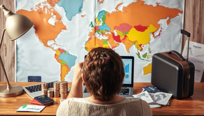 A focused traveler at a wooden desk with a world map, laptop showing budget graphs, coins, passport, and travel items in vibrant colors.
