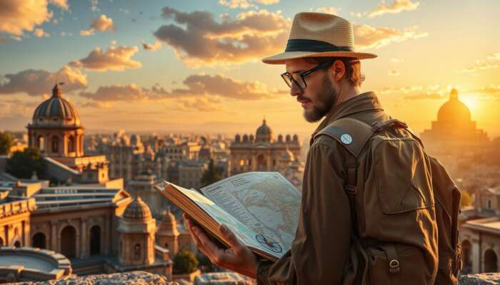 A traveler explores an ancient city with a guidebook, maps, compass, and landmarks under a golden sunset.