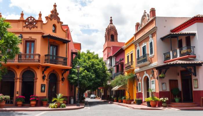 Vibrant San Miguel de Allende street featuring boutique hotel, bed-and-breakfast, and vacation rental amid colorful colonial architecture and sunny sky.