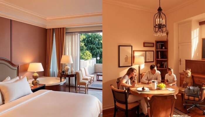 Luxurious hotel suite with plush bedding and serene spa, contrasted by rustic budget room and family in homey vacation rental kitchen, in golden light.