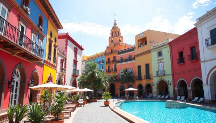 Vibrant San Miguel de Allende street with colorful colonial hotels, offering pools and modern workspaces under sunny skies.