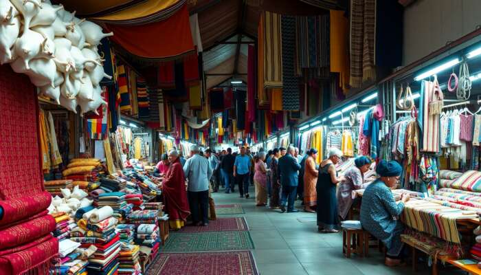 Bustling outdoor textile market with vibrant stalls of colorful cotton, silk, and wool fabrics, artisans weaving patterns, and diverse crowds haggling.