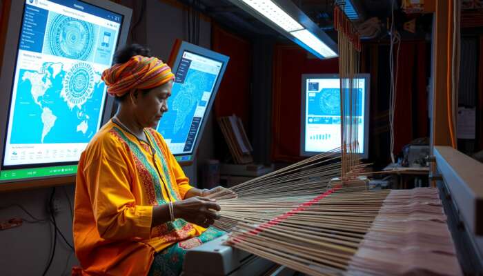 Artisan weaving on a digital loom in a vibrant workshop, surrounded by screens displaying intricate patterns and global markets, blending traditional dyes with modern technology.