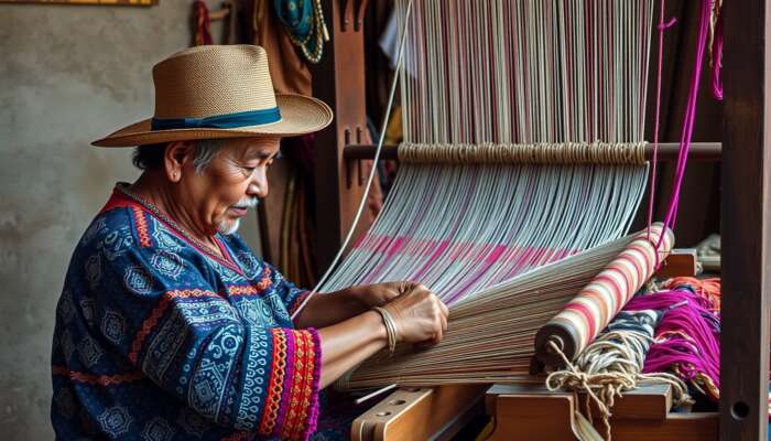 A skilled artisan in San Miguel de Allende weaves vibrant threads into intricate patterns on a traditional loom.