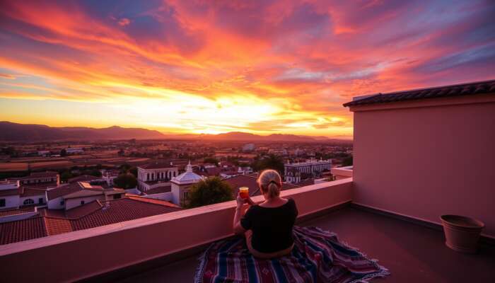 Serene sunset viewpoint at El Mirador in San Miguel de Allende: rolling hills and colonial architecture in vibrant hues, with a relaxed person and blanket.