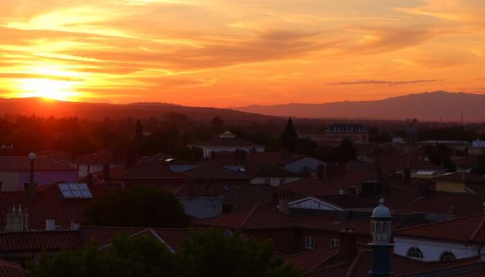 Vibrant spring sunset over San Miguel de Allende's colonial rooftops, with fiery orange and pink skies, sun dipping behind hills, and warm glow on observers.