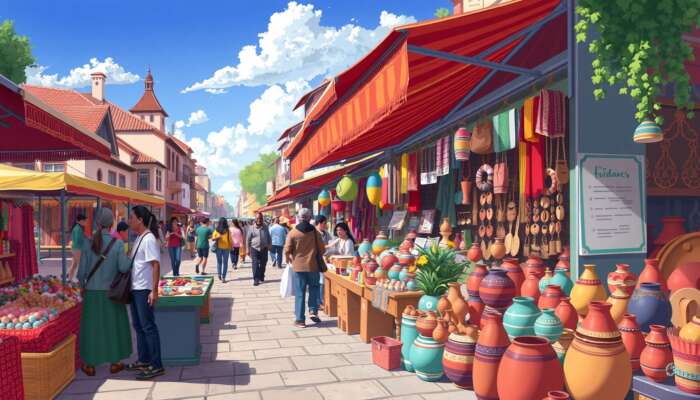 A bustling town square with vibrant stalls of handmade jewelry, textiles, and pottery, where diverse artisans engage shoppers in cultural exchanges.