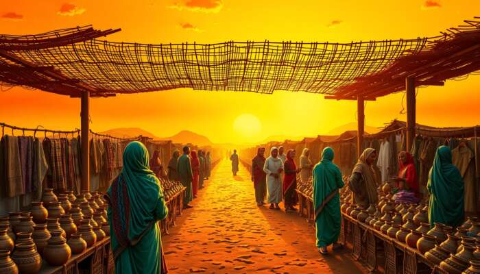 Bustling ancient trade market under a golden sunset, artisans in traditional attire showcasing pottery and textiles, communities bartering goods.