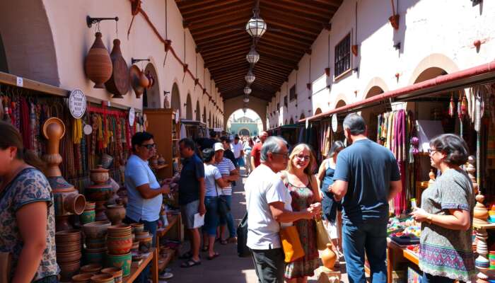 Vibrant artisan market in San Miguel de Allende, with tourists browsing colorful stalls of handmade pottery, textiles, and jewelry under sunny skies.