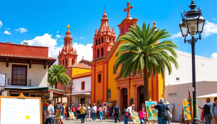 Vibrant San Miguel de Allende street scene with colorful colonial architecture, historic churches, art markets, painting artists, and locals in traditional attire under a sunny sky.