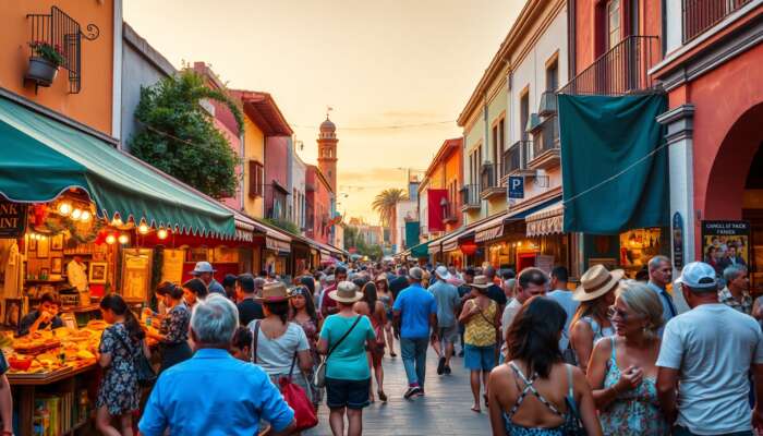 Vibrant street festival in San Miguel de Allende at golden hour: locals and visitors tasting street food, joining art workshops, and exploring colonial alleys.