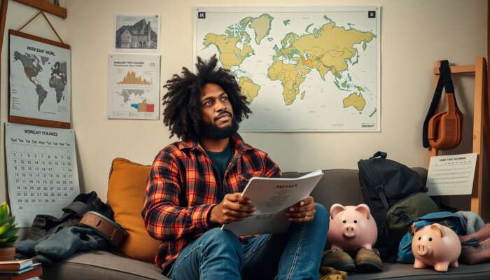 A diverse traveler plans a trip in a cozy room surrounded by a world map, calendar, piggy bank, and hiking gear.