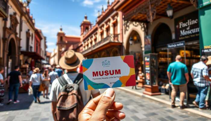 Tourist holding colorful museum pass in San Miguel de Allende, with colonial architecture, bustling markets, and visitors under sunny sky.
