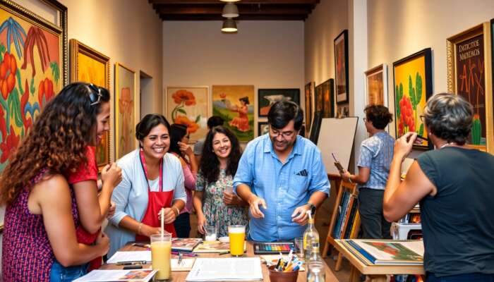 A diverse family in San Miguel de Allende uses a museum pass for an artist workshop at Instituto Allende, surrounded by vibrant artworks.