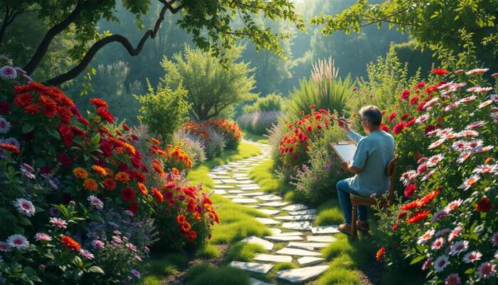 Illustrative garden scene with a walking path, flowers and greenery.