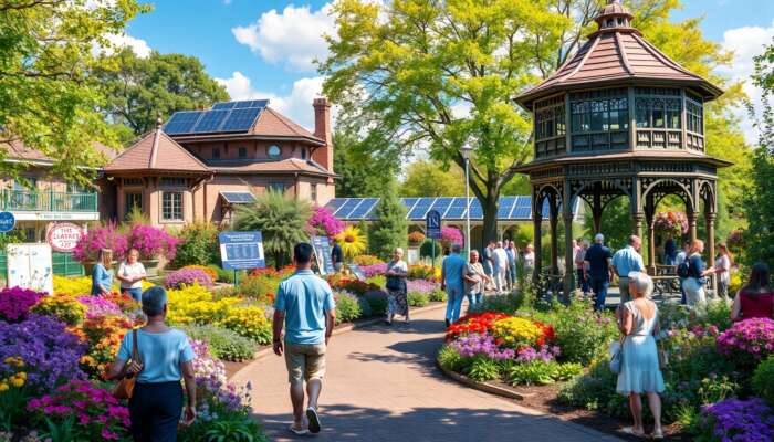 Illustrative garden scene with seasonal flowers, native plants and visitors.
