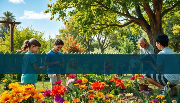 Illustrative family garden scene with adults and children exploring plants outdoors.